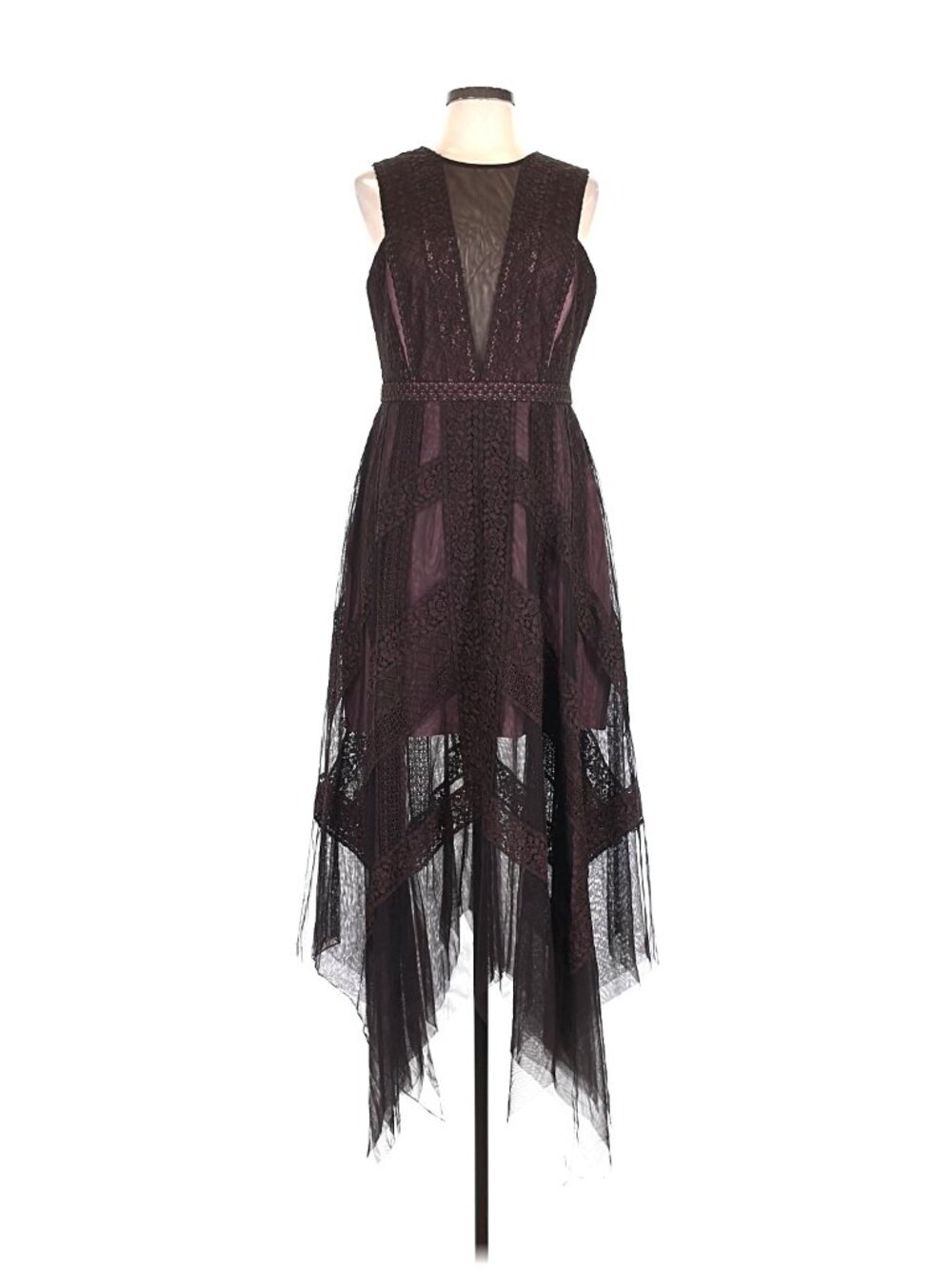 NWT BCBG MaxAzria Andi in Coffee Bean Brown Lace Handkerchief Hem Sheer Dress 12 - Picture 3 of 9